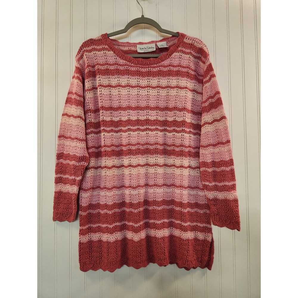 Vintage Von Furstenberg Pink Striped Pointelle Knit Tunic Sweater Size Medium